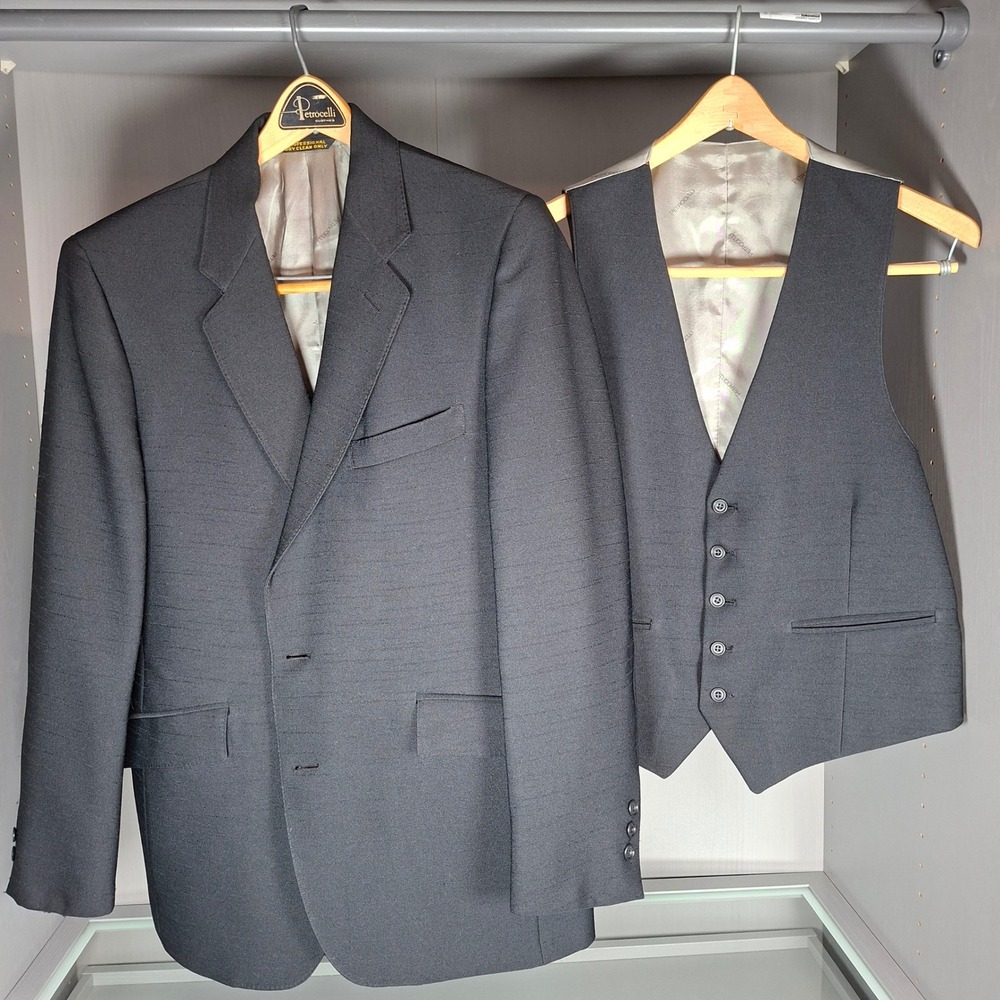 Vintage 70s‎ Petrocelli 3 Piece Suit Mens 40R Black Vest Pants Disco